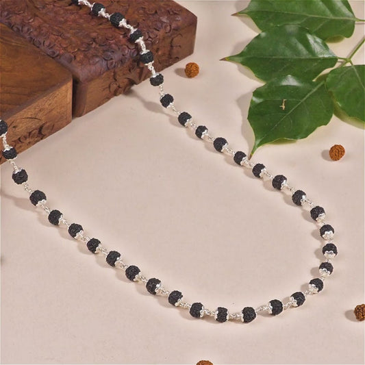 Black Rudraksha Mala With Silver Chain